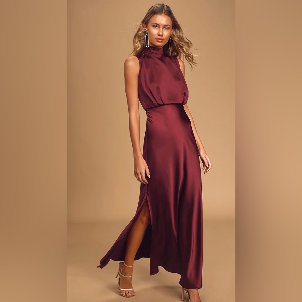 Classic Elegance Wine Satin Sleeveless Mock Neck Maxi Dress Lulus